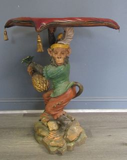 Antique Carved And Polychrome Monkey Form Stand.