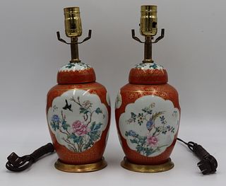 Pair of Chinese Famille Rose Ginger Jars as Lamps.