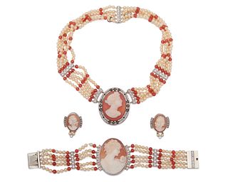 14K Gold, Seed Pearl, Red Bead, and Diamond Cameo Suite