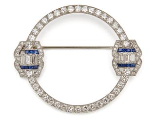 Platinum, Diamond, and Sapphire Circle Brooch