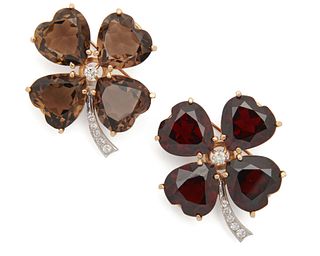Pair of 14K Gold, Diamond, and Gemset Four Leaf Clover Brooches