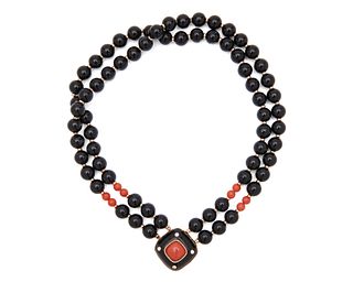 TRIANON 14K Gold, Onyx, Coral, and Diamond Necklace