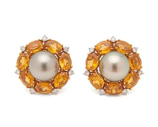 SEAMAN SCHEPPS 18K Gold, Pearl, Citrine, and Diamond Earclips