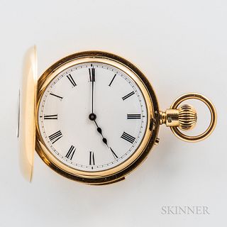 18kt Gold Demi-hunter Repeating Watch, London, 19th century, roman numeral porcelain dial with outer minute track, blued-steel hands, r