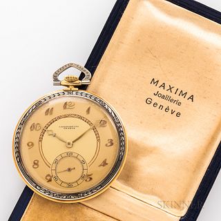 Swiss 18kt Gold Open Face Watch, tricolor dial marked "Chronometre/Geneve," with matted gilt chapter ring, applied Breguet-style numera
