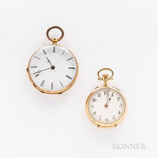 Two 14kt Gold Open-face Pendant Watches, arabic numeral stem-wind, pin-set example with an engraved case back, and a roman numeral key-
