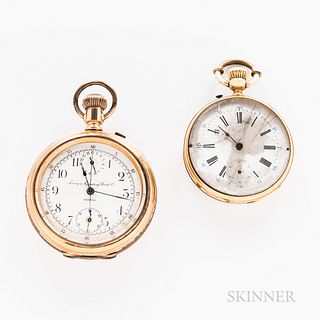 Two Open-face Watches, unmarked 18kt gold Swiss with roman numeral dial, stem-wind, pin-set swiss bar movement, and a Timing & Repeatin