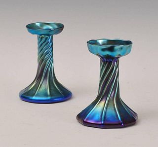 Pair of Blue Tiffany Favrile Candlesticks