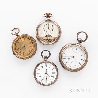 Four European Open-face Watches, an eight-hour with exposed balance and arabic numeral dial, and "Spiral Breguet" movement; key-wind, k
