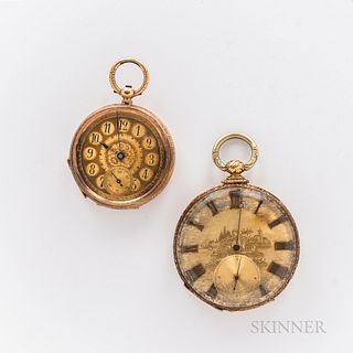Two Gold European Open-face Watches, 18kt gold M.J. Tobias with engraved case, gilt roman numeral dial, and a key-wind, key-set movemen