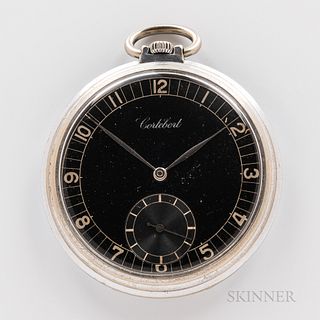 Cortebert Open-face Watch. black arabic numeral dial, silvered hands, sunk seconds, art-deco inspired engraved hinged case back, stem-w