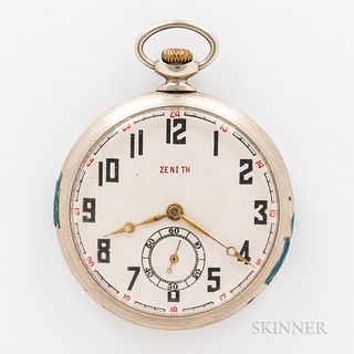 Zenith Open-face Watch, arabic numeral with dial with red 24-hour outer track, gilt hands, and sunk seconds, stem-wind, stem-set gilt m