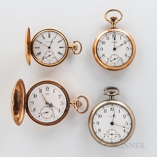 Two 14kt Gold Hunter-case Watches and Two Others, a 15-jewel hunter-case Waltham in a gold case; a J. Farber hunter-case in a gold case