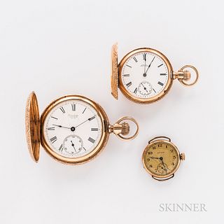 Two 14kt Gold Hunter-case Watches and a Converted Wristwatch, Waltham Watch Co., "Riverside" with roman numeral dial, and a stem-wind,