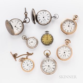 Eight American Open-face and Hunter-case Watches, a key-wind, key-set "Home Watch Co., Boston" in coin silver hunter case; three Hampde