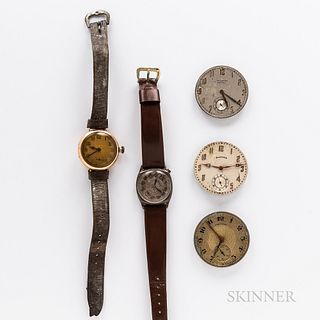 Two American Wristwatches and Three Pocket Watch Movements, Illinois and Elgin wristwatches in gold-filled cases, a Hamilton 910 moveme