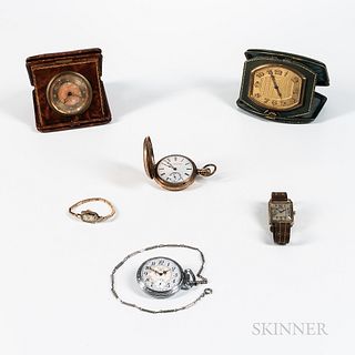 Four Watches and Two Travel Clocks, Waltham open-face 15-jewel watch with "special" dial and chain; Elgin Watch Co. hunter-case watch;