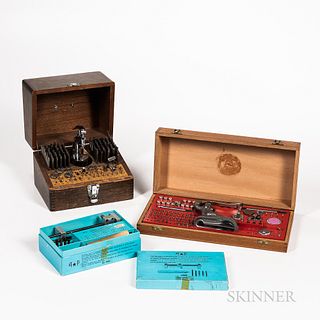 Three Clockmakers Bench Tools, Cased Seitz jeweling tool, AF no. 7920 bushing tool, and a cased Inverto staking tool.