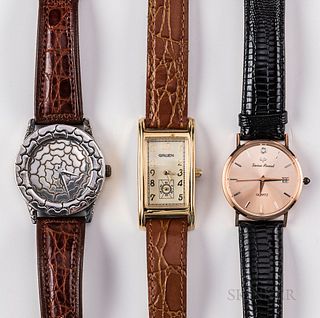Three Contemporary Wristwatches, a 14kt rose gold Lucien Piccard; a sterling Silver John Hardy for Alfex of Switzerland; and a Gruen, d