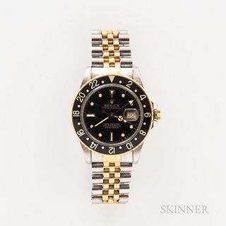 Rolex Two-tone GMT Master Reference 16753 Wristwatch, c. 1985, stainless steel case with black "nipple" dial, 24-hour black bezel, sign