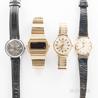 Four Vintage Wristwatches, Bulova "Aerojet" automatic or "Selfwinding" watch in a electroplated case; Hamilton digital in 10kt rolled g