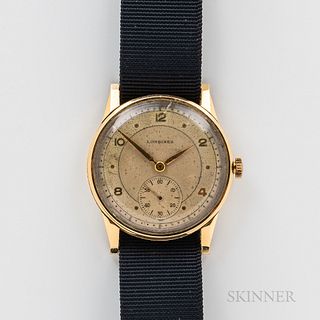 Longines 18kt Gold Wristwatch, c. 1950s, sector or two-tone dial with applied gilt arabic numerals, sunk seconds at 6, faceted lugs, ma