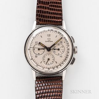 Omega Stainless Steel Three-register Reference 2279 Chronograph, silvered dial with applied baton and arabic numeral indices, interior