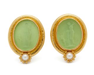 ELIZABETH LOCKE 18K Gold, Glass Intaglio, Mother-Of-Pearl, and Pearl Earclips