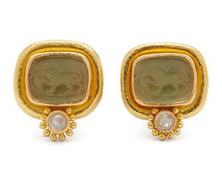 ELIZABETH LOCKE 18K Gold, Glass Intaglio, Mother-Of-Pearl, and Moonstone Earclips