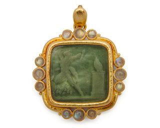 ELIZABETH LOCKE 18K Gold, Glass Intaglio, Mother-of-Pearl, and Moonstone Pendant