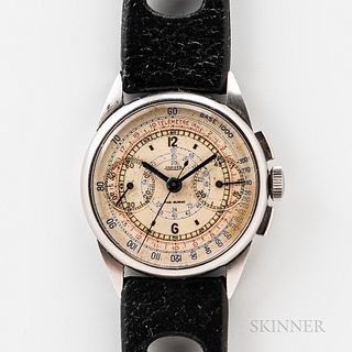 Early Jaeger Stainless Steel Chronograph Wristwatch, c. 1940, snap-on bezel, original silver-colored dial, with multicolored tele- and