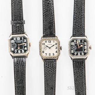 Three Illinois Watch Co. "Square Cut Corner" Wristwatches, all in 14kt gold-filled engraved cases, 15-jewel manual-wind movements, dia.