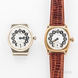 Two Illinois Watch Co. "Telephone" Wristwatches, one in a nickel case with bent lugs, the other in a 14kt gold-filled case, both with b