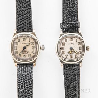 Two Illinois Watch Co. "Guardsman" Wristwatches, both in white gold-filled plain bezel cases, silvered arabic numeral dials, 17-jewel m