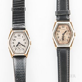 Two Illinois Watch Co. "Ritz" Wristwatches, both in two-tone cases with Art Deco-style arabic numerals, blued syringe hands, and subsid
