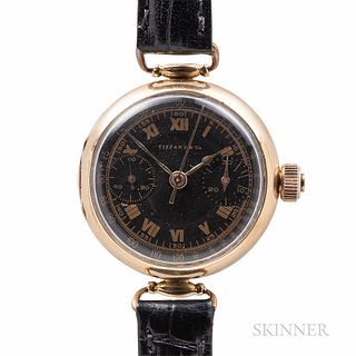 Tiffany & Co. 18kt Gold Monopusher Chronograph Wristwatch, attributed to Ulysse Nardin, first quarter 20th century, matte black dial wi
