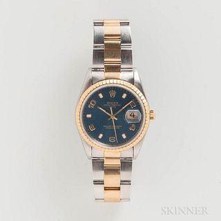 Rolex Two-tone Reference 15223 Wristwatch, c. 1993, 18kt gold fluted bezel, blue dial with applied gilt arabic numerals marked "Rolex O