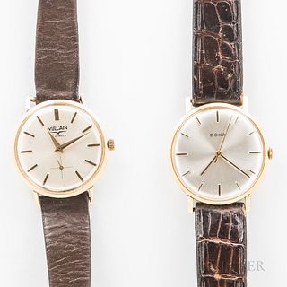 Two 14kt Gold Vintage Wristwatches, Vulcain and Doxa watches with 17-jewel manual-wind movements, dia. 33 and 34 mm.