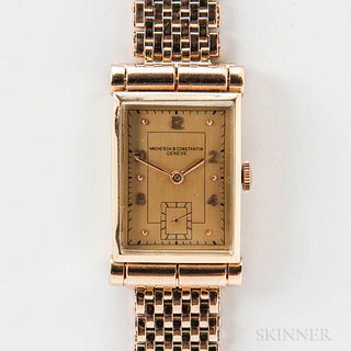 Vacheron Constantin 14kt Gold Tank Wristwatch, c. 1940s, raised crystal above the arabic numeral gilt dial, dot indices, sub-seconds at