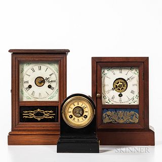 Three American Shelf Clocks, cast iron Terry Clock Co. "Time-Piece" with rear label, and two cottage clocks including a Wm. Gilbert wit