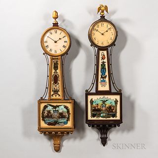 Two American "Banjo" Clocks, 20th century, a mahogany Waltham time-only with patriotic glasses, signed movement, wood rod pendulum, and