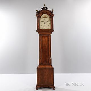 Inlaid Mahogany Tall Clock, signed "S. Willard," c. 1790, pierced fret-top case with freestanding stop-fluted columns flanking the arab