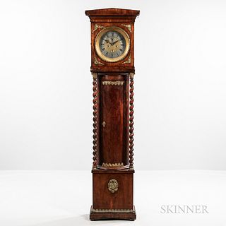 Ormolu-mounted Mahogany European Longcase Clock, 19th century, pediment hood above the brass dial with roman numeral lead chapter ring,