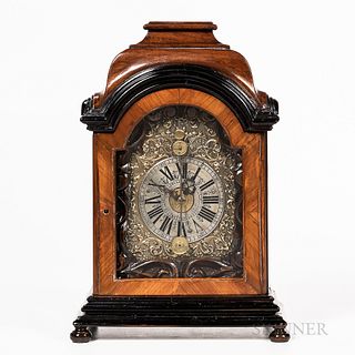 Ebonized and Walnut Veneered Zappler Shelf Clock, Austria, bonnet-top case with hinged front door opening to a carved wooden dial mat,