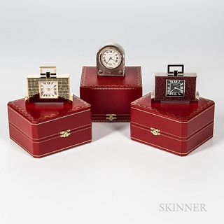 Three Cartier Table or Desk Alarm Clocks, including a limited edition no. 021/500, all with boxes.