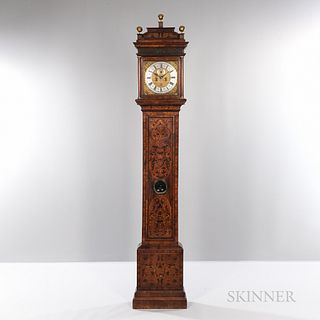 Marquetry-inlaid London Longcase Clock, J. Higginson, London, 17th/18th century, the marquetry sarcophagus top with blind fret above th