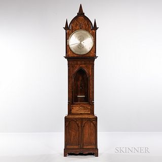Gothic Walnut Astronomical Floor Regulator, gothic walnut veneer case with lancet-top hood and three pyramidal finials over the glazed