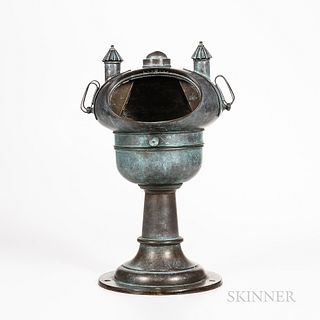 Brass Yacht Binnacle on Pedestal, verdigris mushroom-shaped brass case with viewing window, two removable lighting devices flank the in