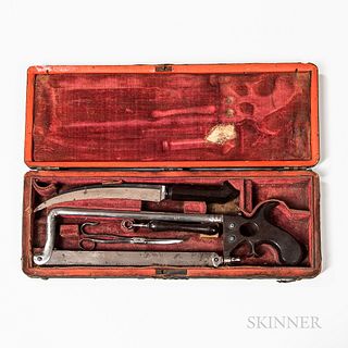 18th Century English Surgical or Amputation Set, sharkskin case with shell-form hinges and an early brass bail handle, fitted burgundy