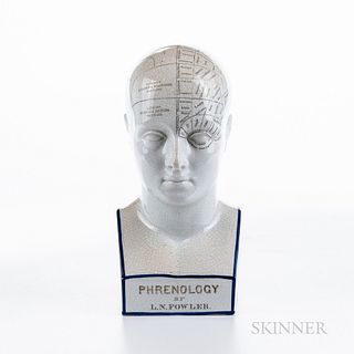 Reproduction L.N. Fowler Ceramic Phrenology Head, 337 Strand, London, cranium divided by ink lines into areas representing the sentimen